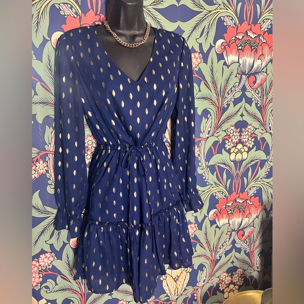 Navy blue dress with gold leaf pattern